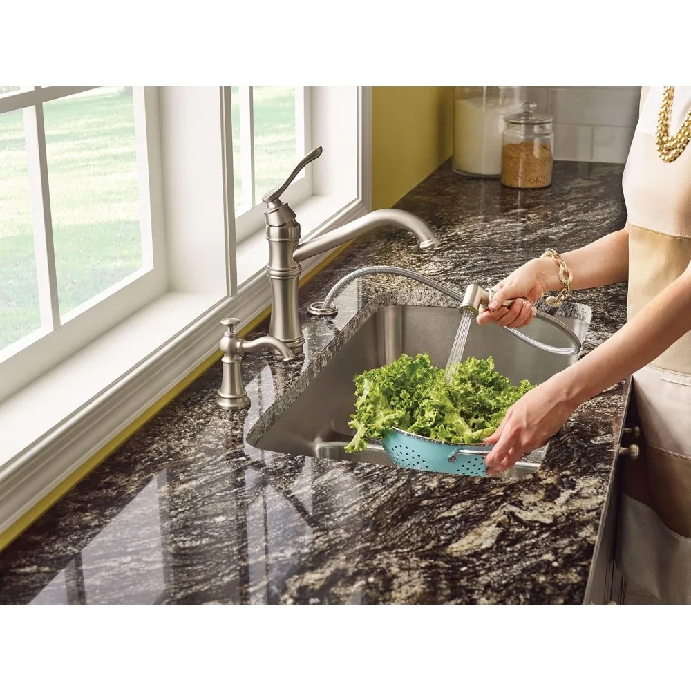 Keran Dapur Moen Belfield Anti Noda dari Baja Tahan Karat dengan Gagang Tunggal Model Tradisional, Lengkung Tinggi, Dilengkapi Semprotan Samping dan Pilihan Dek
