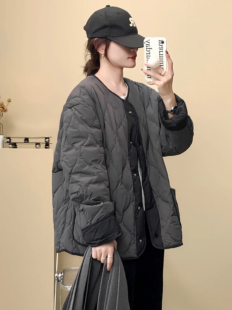 한국 슬레 경량 오트 퍼퍼 재킷 여성용 라운드 네 다운 코트 화이트 듀 페더 루즈핏 겨울 아우터웨어