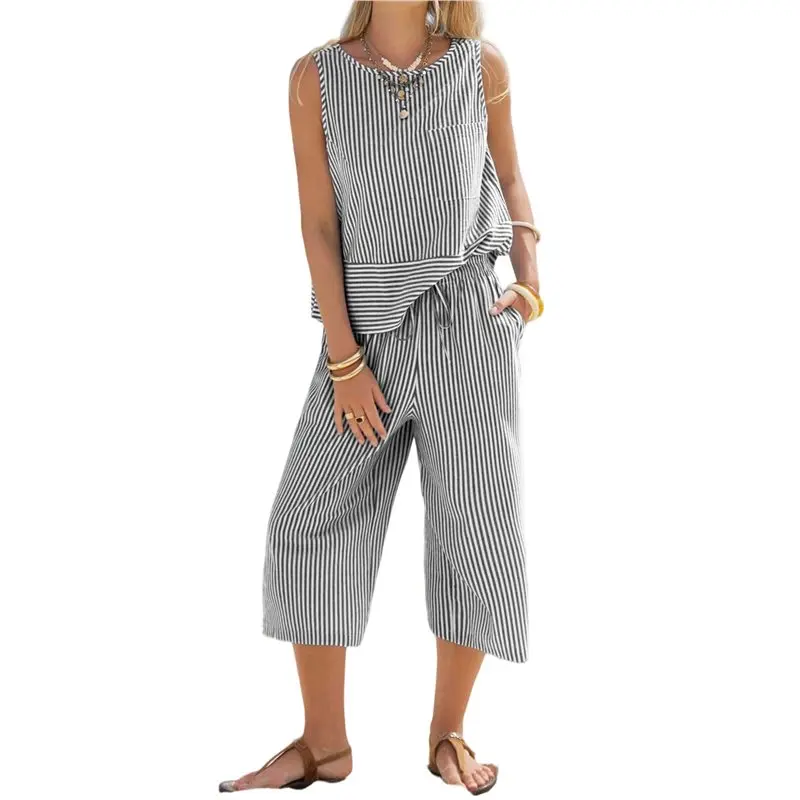 

ABRT-Women's Summer 2 Piece Outfits Striped Sleeveless Top And Cropped Wide Leg Pants Sets Pockets Black Stripes L
