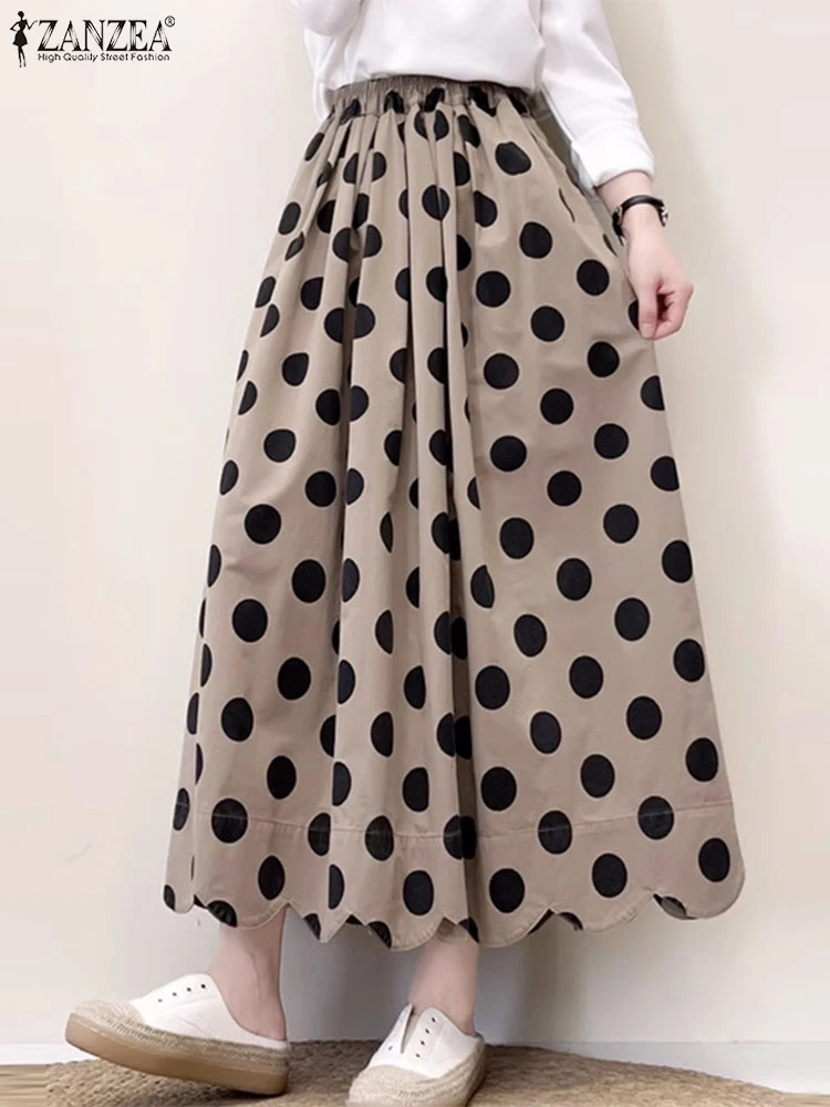 ZANZEA Holiday Pocket Faldas Casual Polka Dot Skirts Korean Women High Elastic Waisted Jupe Vintage Beach Wave Hem Overskirts