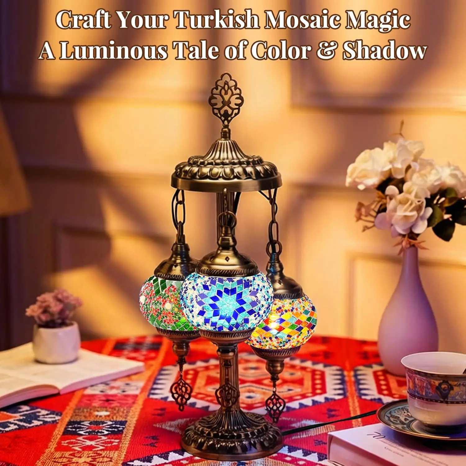 DIY 3 Globe Turkish Mosaic Lamp Kit, 23"H Stained Glass Table Lamp Making Kit-Easy & Fun, No Experience Needed, Mosaic Art & Craft Project Kits for Adults & Teens, Make Your Own Lamp,Multicolor view 5