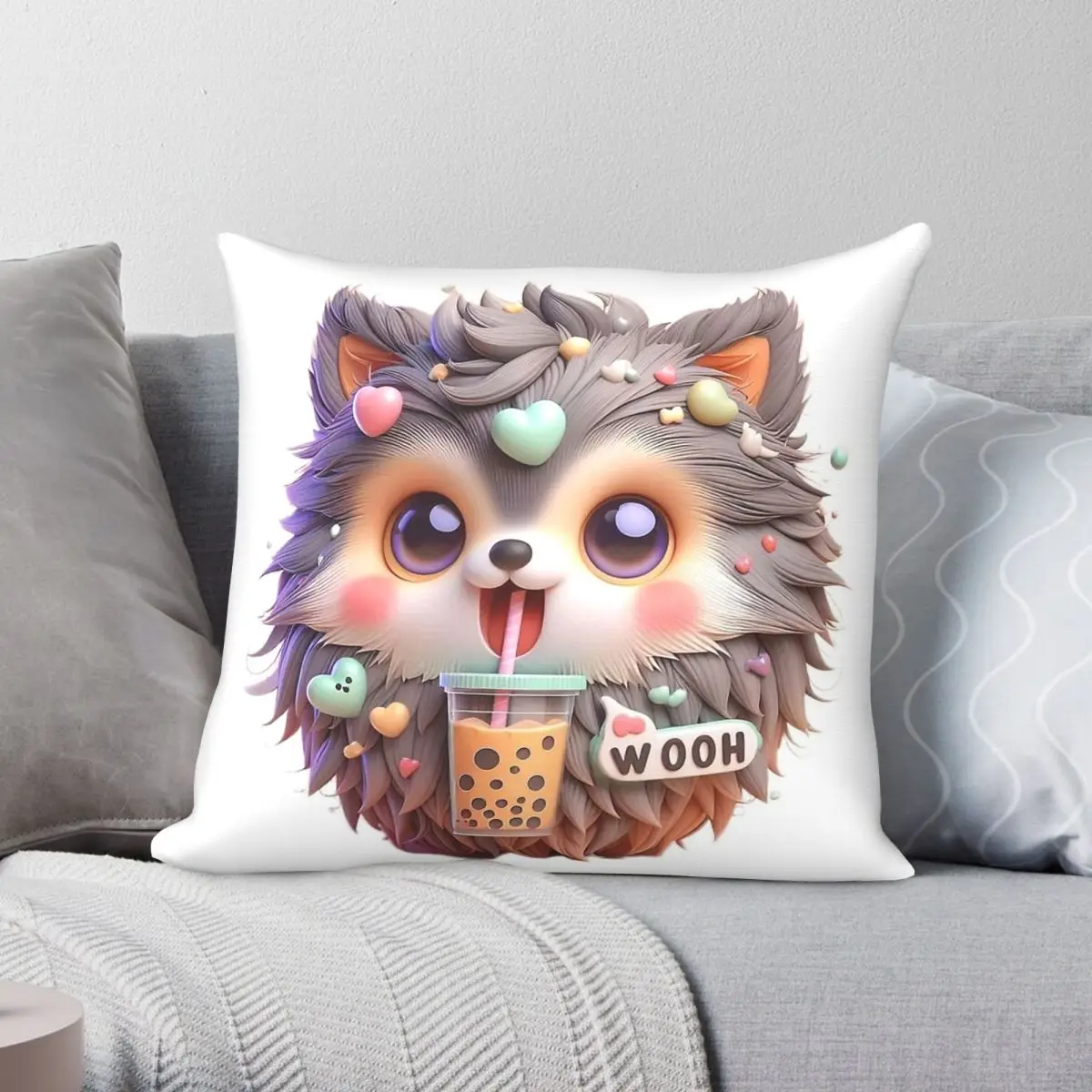 Adorable Puppy Bubble Tea Pillowcase Polyester Linen Velvet Creative Zip Decorative Pillow Case Home Cushion Cover