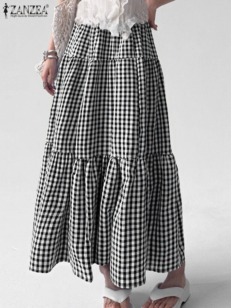 ZANZEA Checked Elastic Waist A-line Maxi Skirts Women Loose Casual Everyday Tiered Gingham Skirt Holiday 2025 Spring Long Jupes