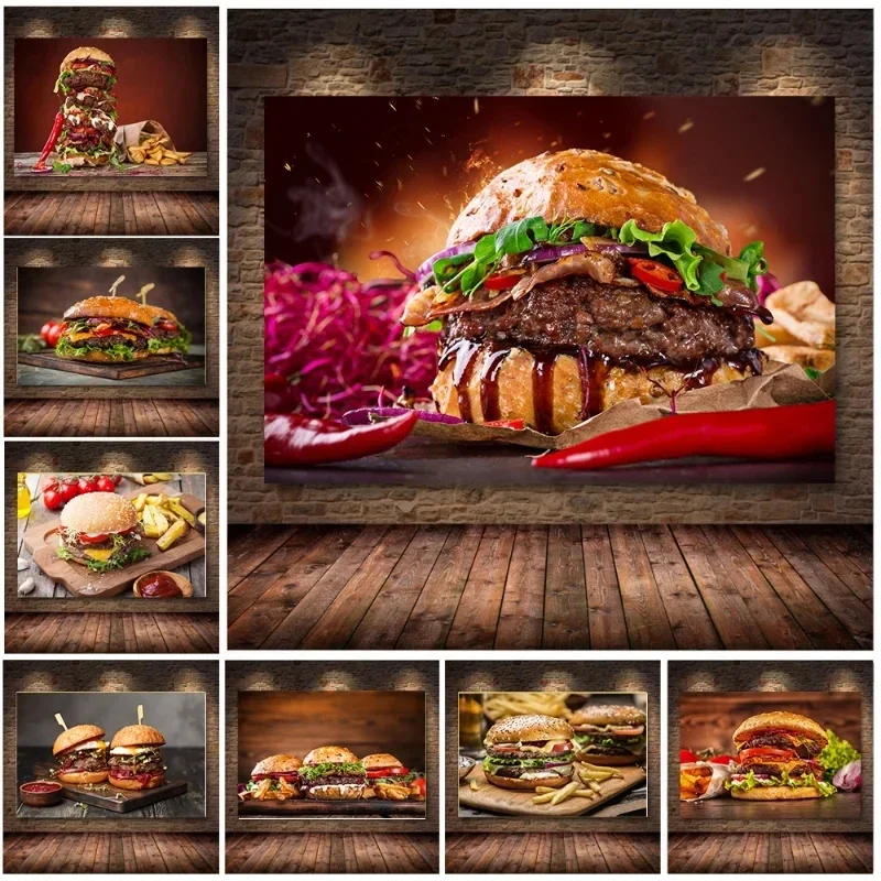 Delicious Fast Food Beef Burger Fries Poster and PrintsCanvas Painting Wall Art Pictures for Dining Room Burger Shop Home Decor