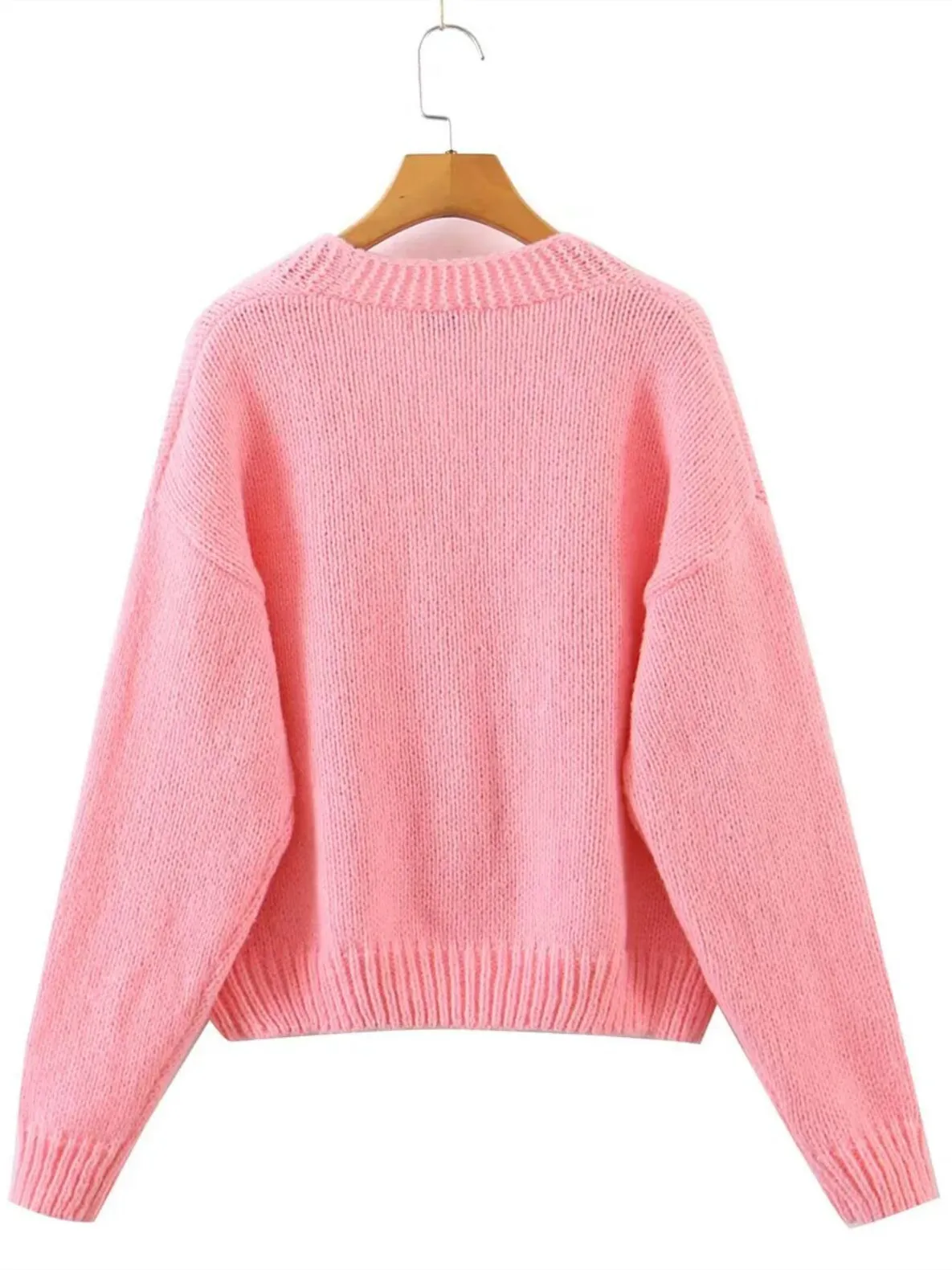 2022 Sweet Fruit Strawberry Knitted Ball Cardigan Beige Vintage Woman V neck Buttons Long sleeve Sweater Knitwear Jumper Pink