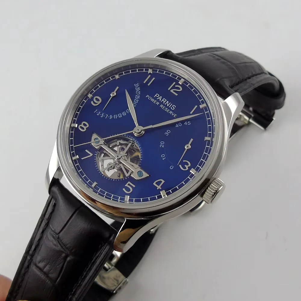 43mm parnis Blue Black white dial power reserve Luxury Brand Genuine Leather deployment clasp automatic movement men\'s watch