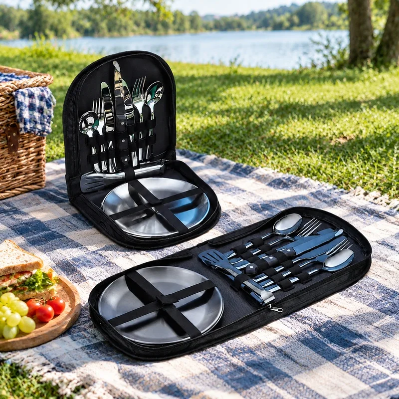 Compact Two-Person Camping Cutlery Set with Plates, Forks, Knives, and Spoons for Outdoor Dining