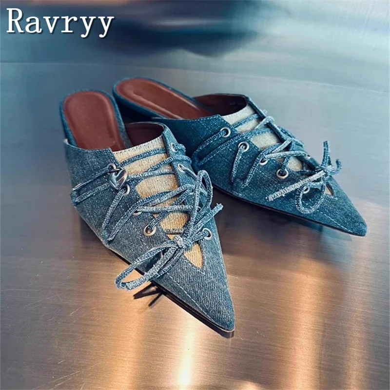 

Desinger New Blue Denim Flat Slippers Pointed Toe Cross Lace Up Mules Fashion Summer Comfortable Casual Footwear