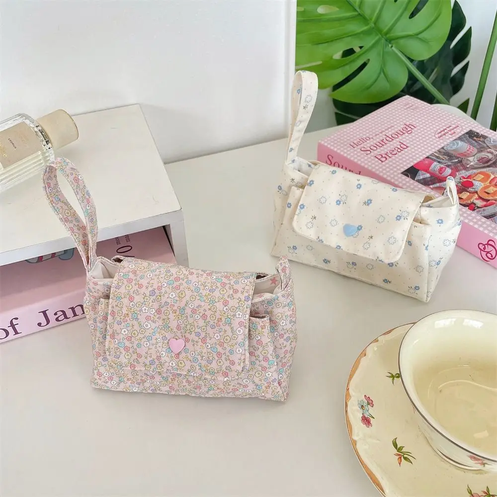Print Floral Makeup Bag Snap Button Soft Cotton Cosmetic Pouch Double Pockets Korean Style Layered Storage Bag