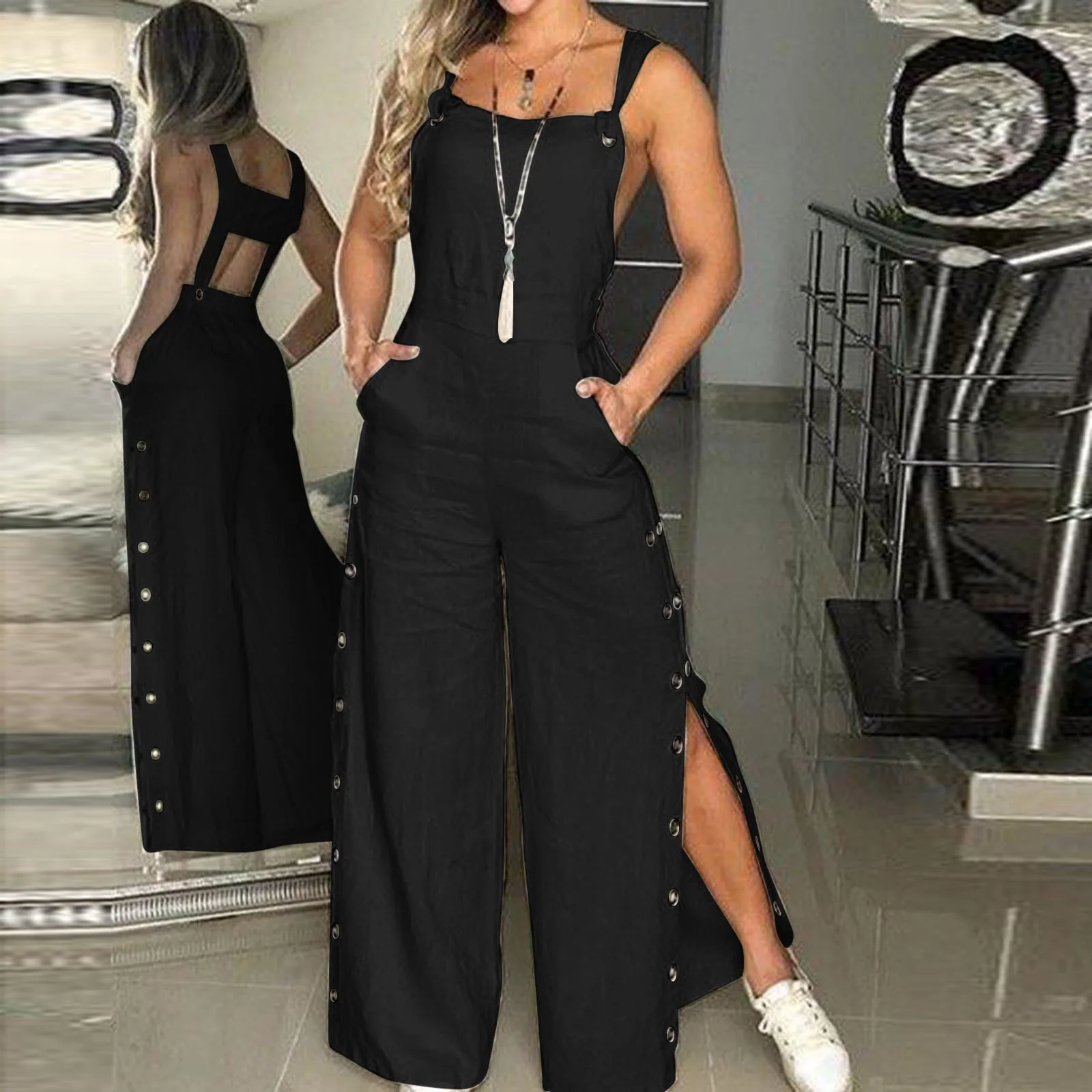 

Sleeveless Women's Summer Jumpsuit Twisted Knot Cotton Linen Overalls Pants Backless Button Down Loose Long Pants With Pockets