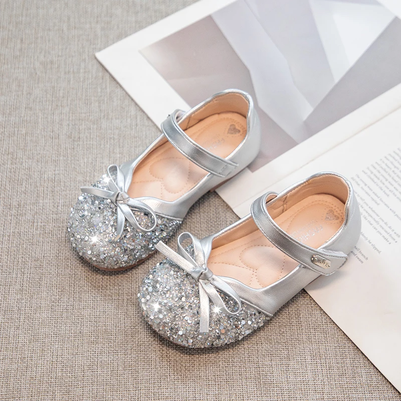 

Girls Sequins Leather Shoes for Party Wedding Children Princess Shoes with Bow-knot Fashion Kids Shallow Ballet Shoes Size 25-36
