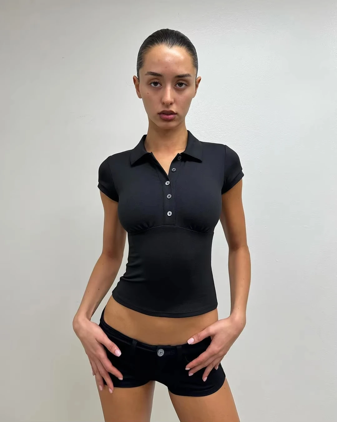 

Tank Black Polo Collar T-Shirt Slim Sexy Short-Sleeved Summer Women's Short Top