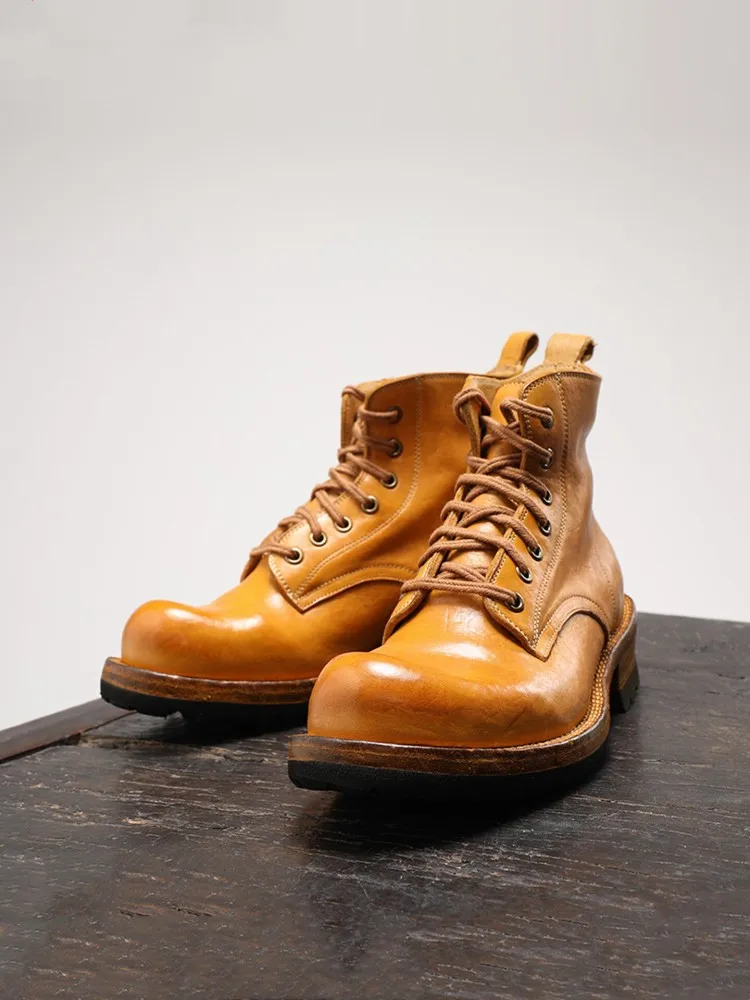 Handmade Mens Genuine Leather Short Boots Platform High Top Shoes Male Lace Up Round Toe High Quality Horsehide Motorcycle Boots