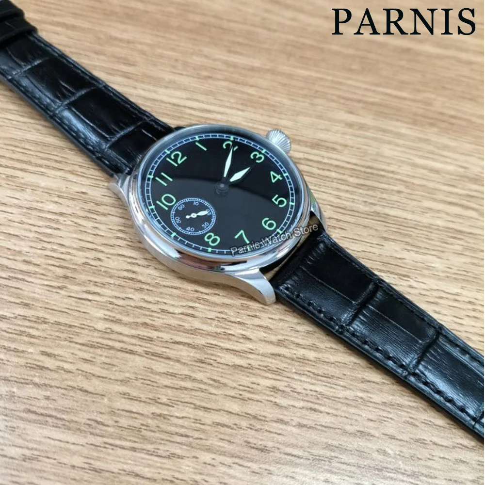 

Parnis 44mm 6497 Hand Winding Movement Black Dial Men Watch Stainless Case Small Second