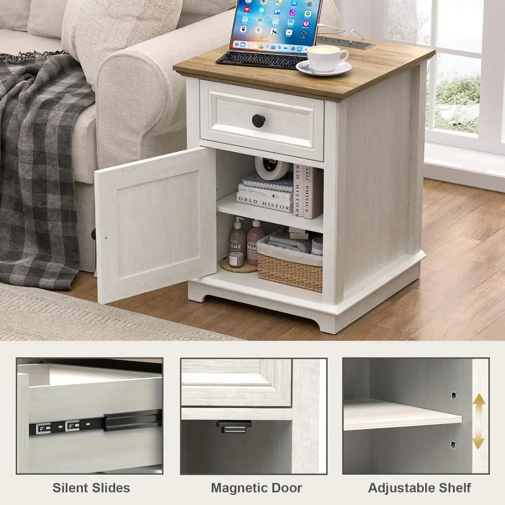 Nightstands Set of 2, End Tables with Fast-Charge Sets, Side Tables with Drawers, Storage Side Tables Living Room