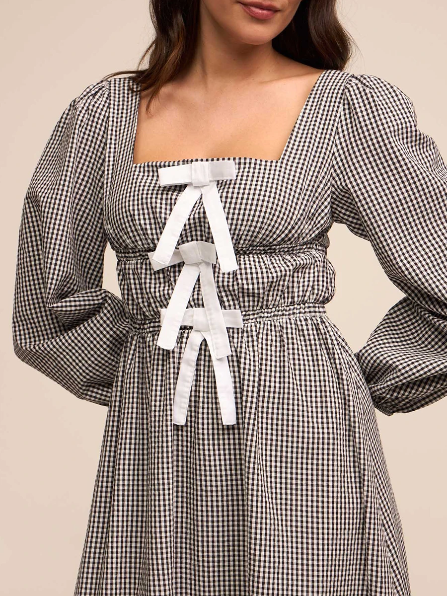 Women Long Dress Plaid Bowknot Front Square Neck Long Sleeve Dress Spring Fashion Casual Dress