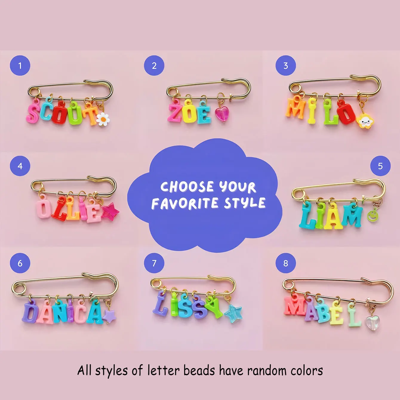 1pc Custom Gold Name Pin Brooch Pendant, Colorful Letter Beads, Heart/Flower/Smiley Face Accessories, Birthday/Christmas Gift