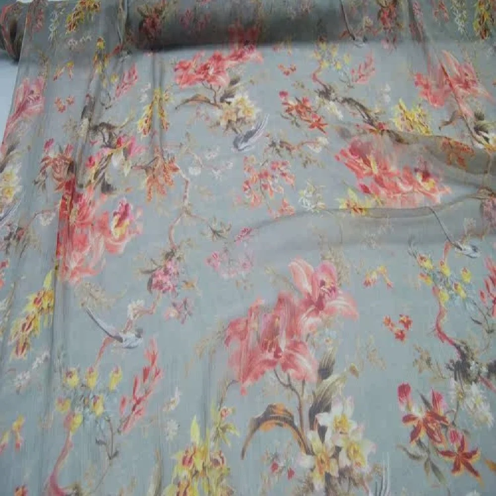 Fashion Elegant Beautiful Silk Crepe Chiffon Fabric Crinkle Georgette Fabric Digital Printed Flowers for Shirt Dress Coat