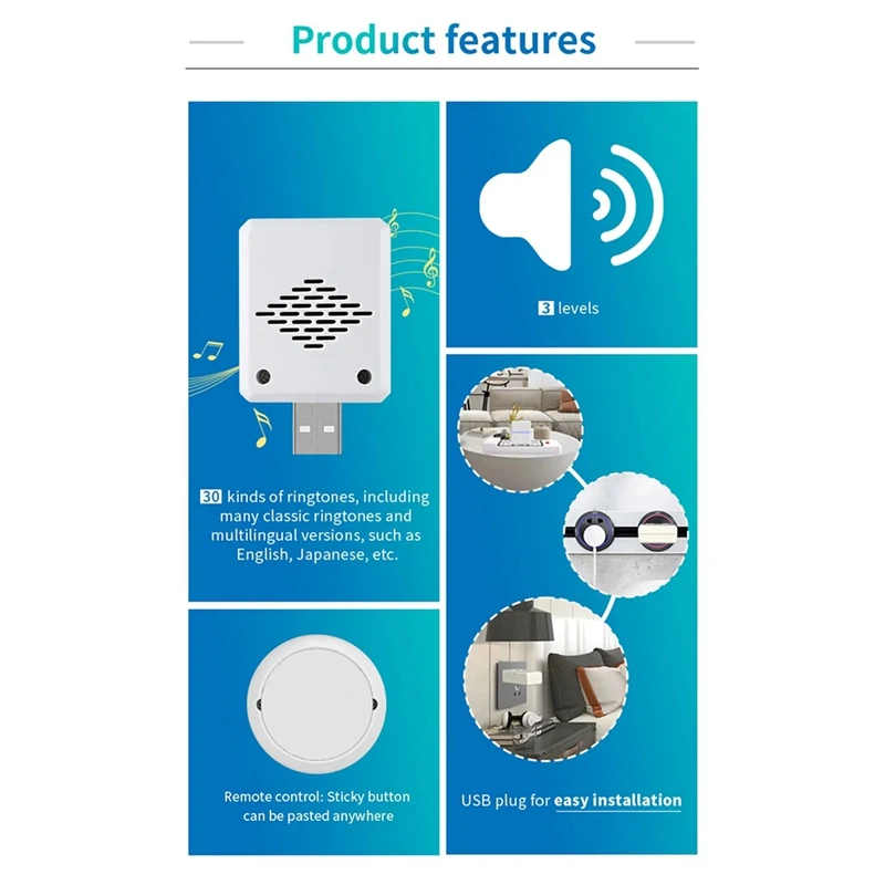 Timbre inalámbrico 433Mhz 150M 30 música USB receptor de timbre de puerta Control remoto único para llamadas de emergencia en casa escuela