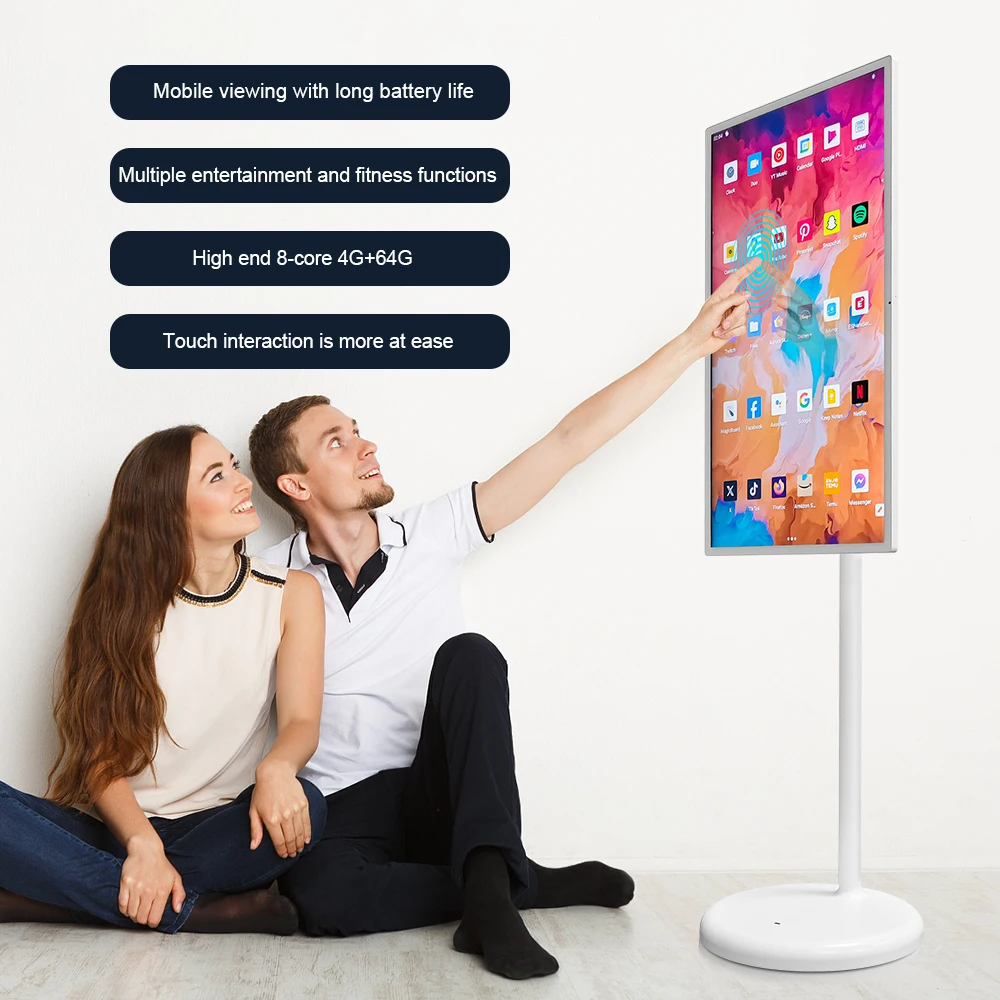 24-calowy bezprzewodowy ekran dotykowy Android TV Monitor Home Entertainment Podświetlenie LED Biała szafka System operacyjny Android 12 Stojak w zestawie