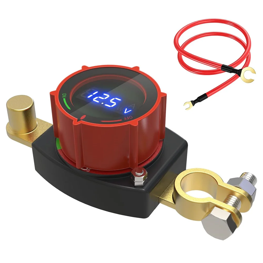 Top Post Battery Disconnect Switch 12V-48V with LED Voltmeter DC 5-60V Battery Kill Switch On/Off Battery Cut Off Switch For Car
