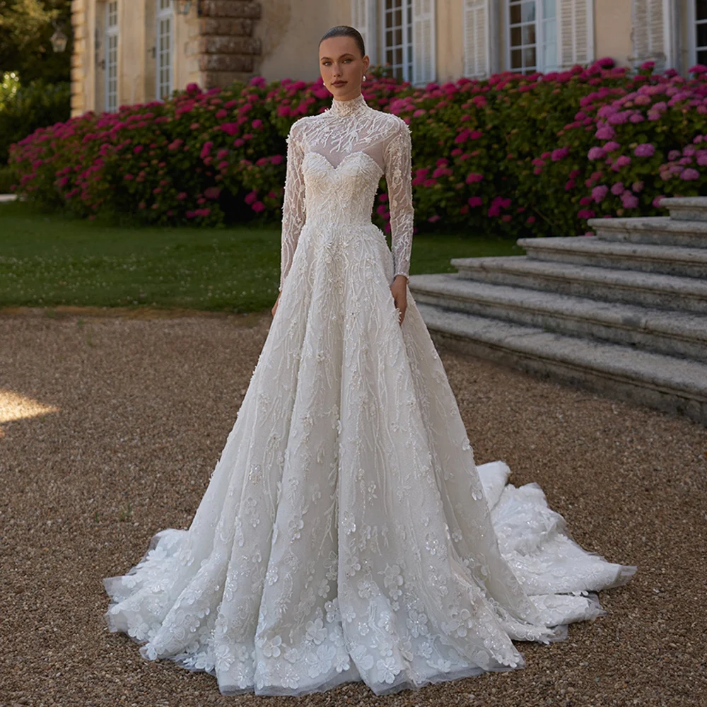 Customized Luxury Wedding Dress High Neck Long Sleeves Exquisite Lace Applique Flowers Court Train A Line Bride Bridal Gown