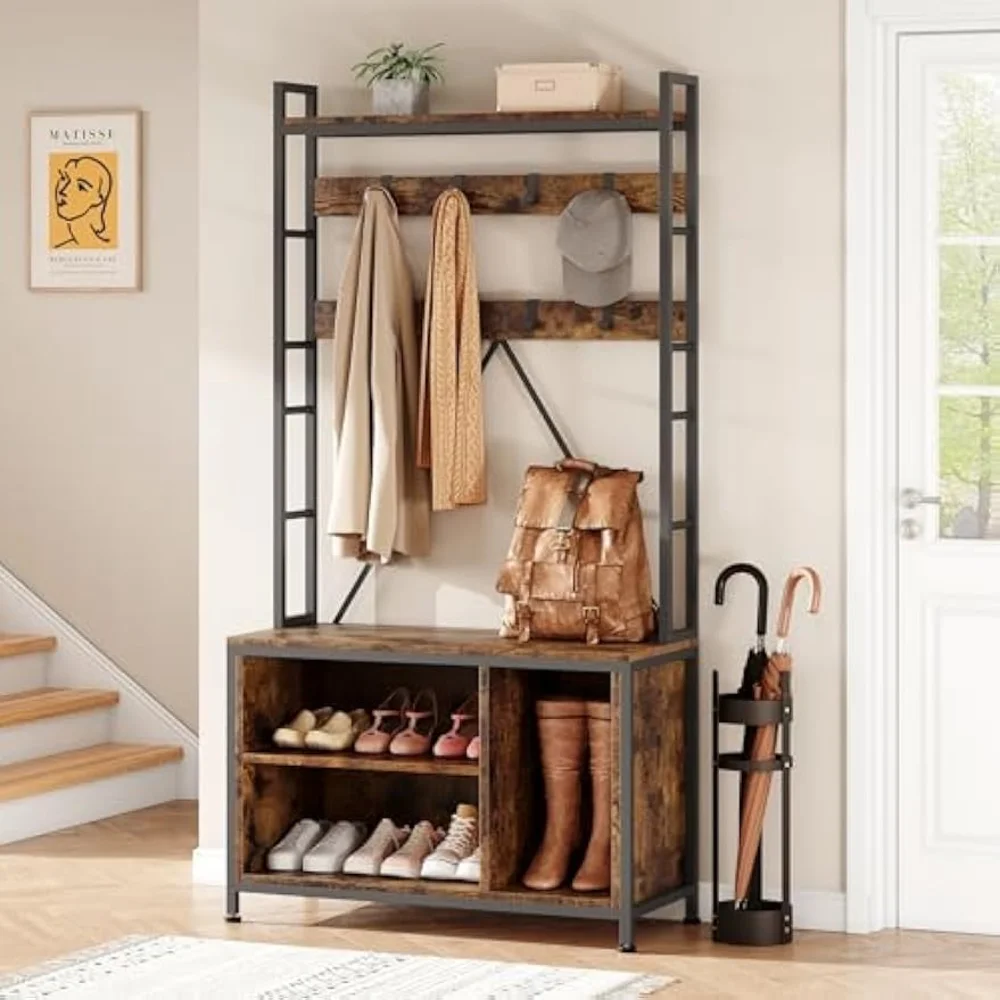 

Hall Tree with Bench 5 in 1 Coat Rack Freestanding Industrial Shoe Bench with 3 Storage Cubbies and 8 Hooks Entryway