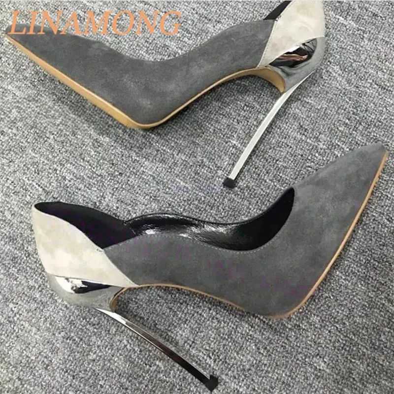Metal and Suede Splicing Pump Fashionable Multi-Color Splicing Design Pointed Temperament Wine Glass Heel Slim High-Heeled Shoes