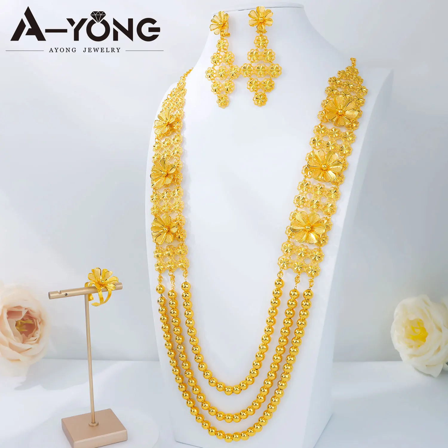 Luxury Ethiopian Bridal Wedding Jewelry Set Habesha Gold Color Beaded Necklace Ring Earrings Arabic Women Banquet Jewelrys