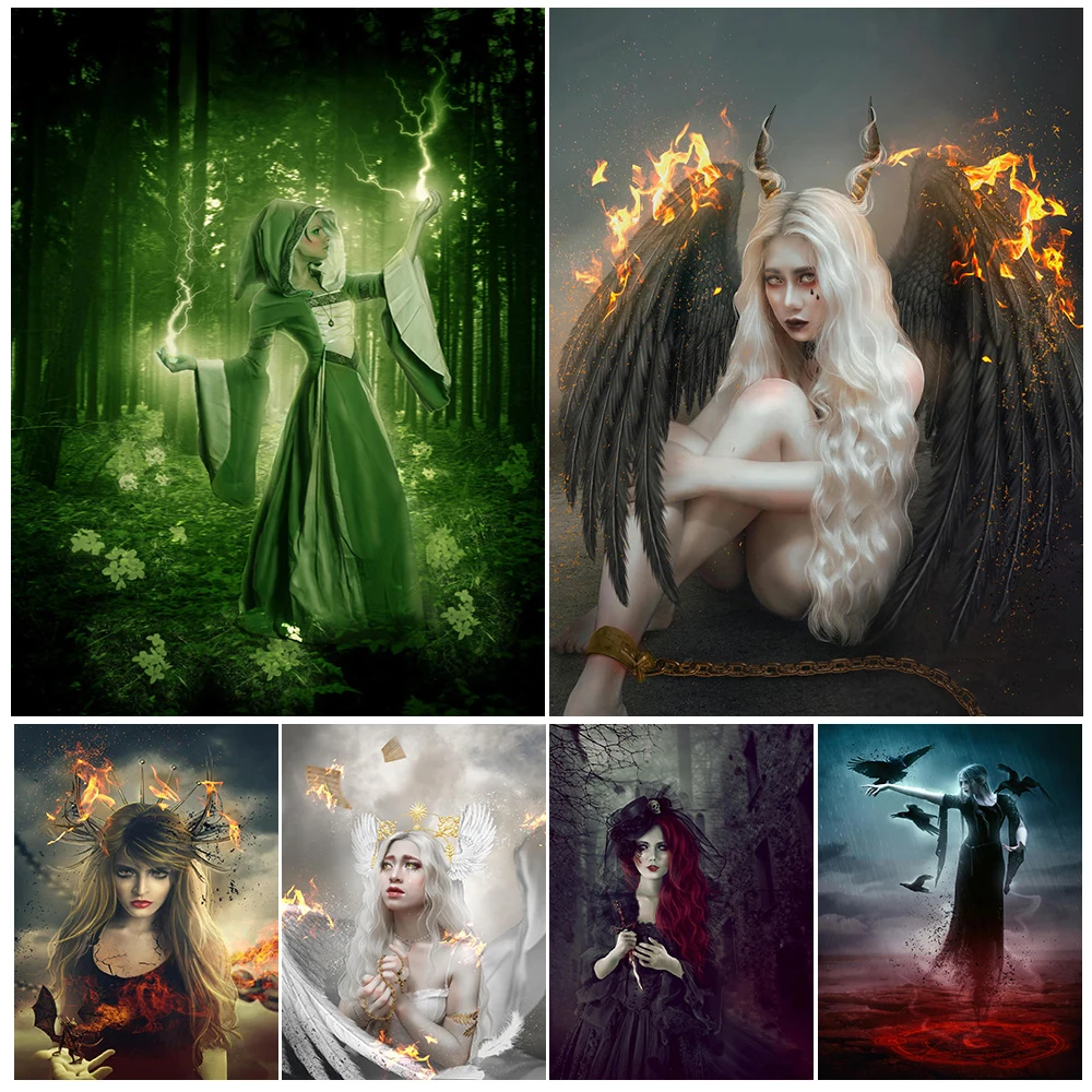 Fallen Angel,Green Witch,Mirror Witch, Vintage Wall Art Canvas Painting Succubus And Pagan Witchcraft Art Poster Print Decor