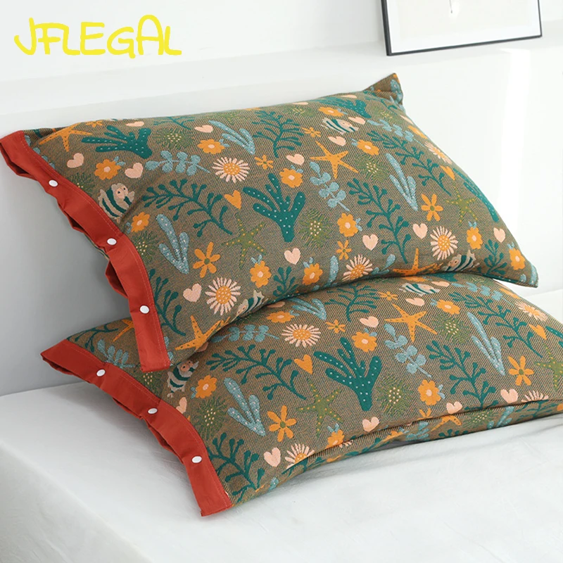 

JFLEGAL Pure Cotton 6 Layers of Gauze Pillowcase 1 Pair Thickened Pillow Case Large 52x80cm European Printing Soft Breathable