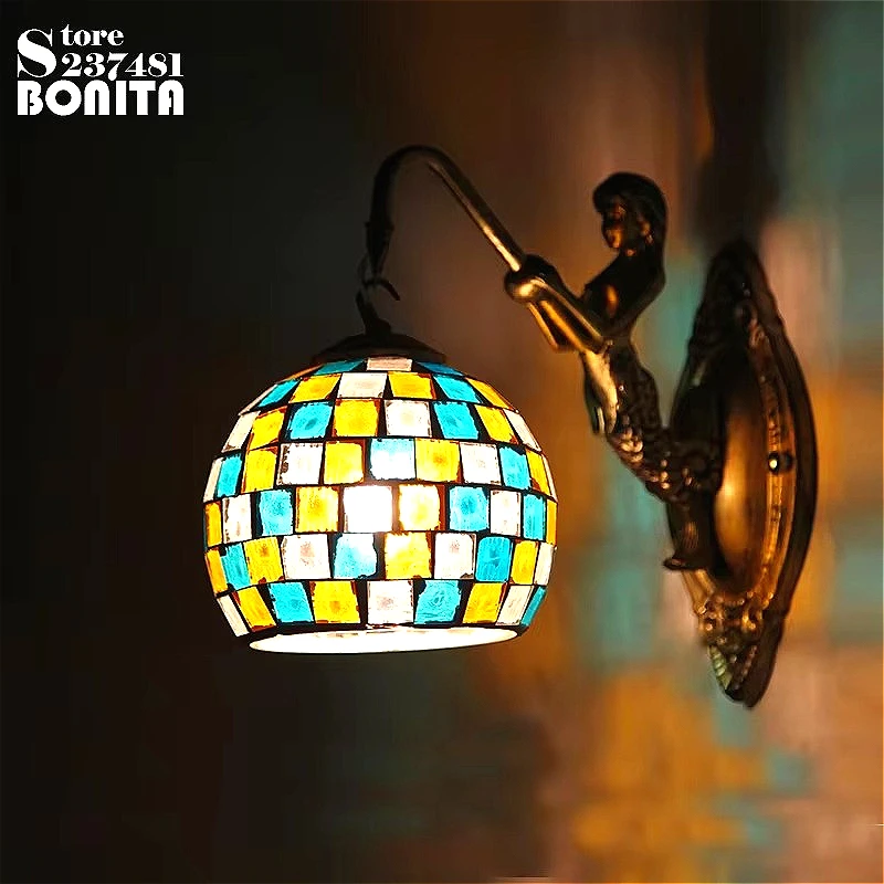 

Bohemian Style Mermaid Wall LightAisle Restaurant Bedroom Balcone Decoration Pure Handmade Mosaic Glass Wall Sconces Lamp