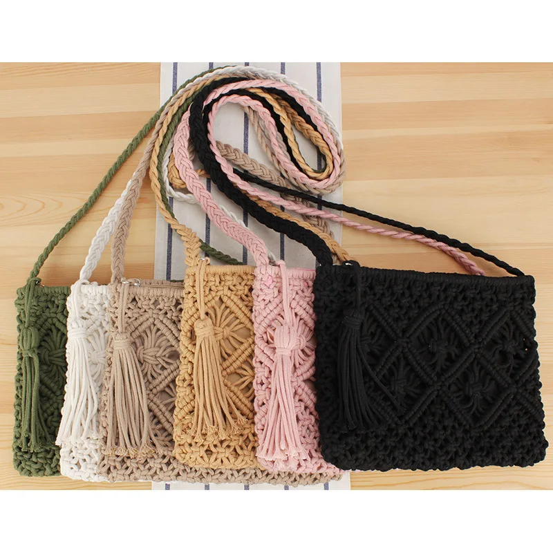 Minimalist tassel holding straw woven bag, retro hand loop woven bag, summer vacation tourism beach bag