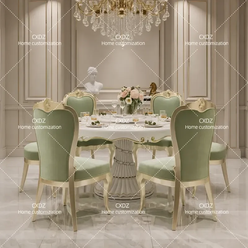Luxury Solid Wood Carved Floral Dining Table Set Rectangular Oval Table and Chairs for European Villa Palace Style Home