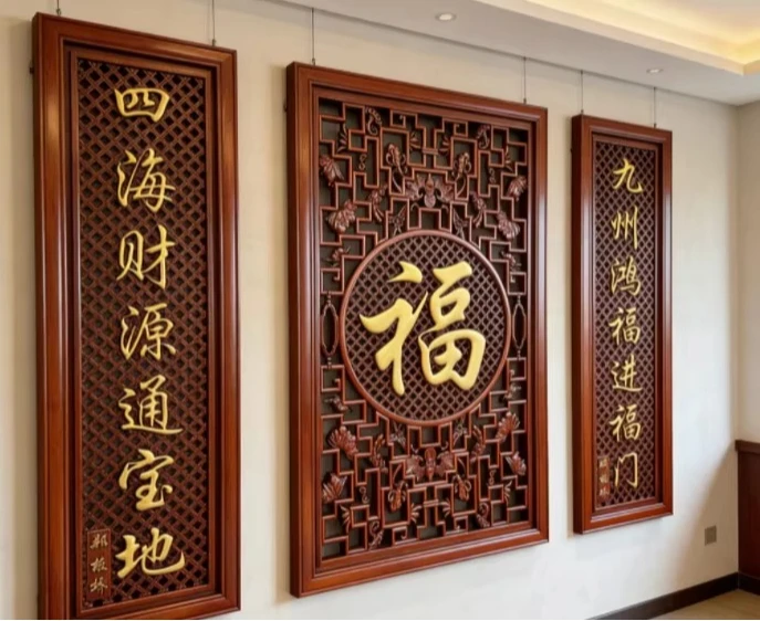 Zhongtang Chinese-style camphor wood blessing pendant solid wood carving background wall decorative painting