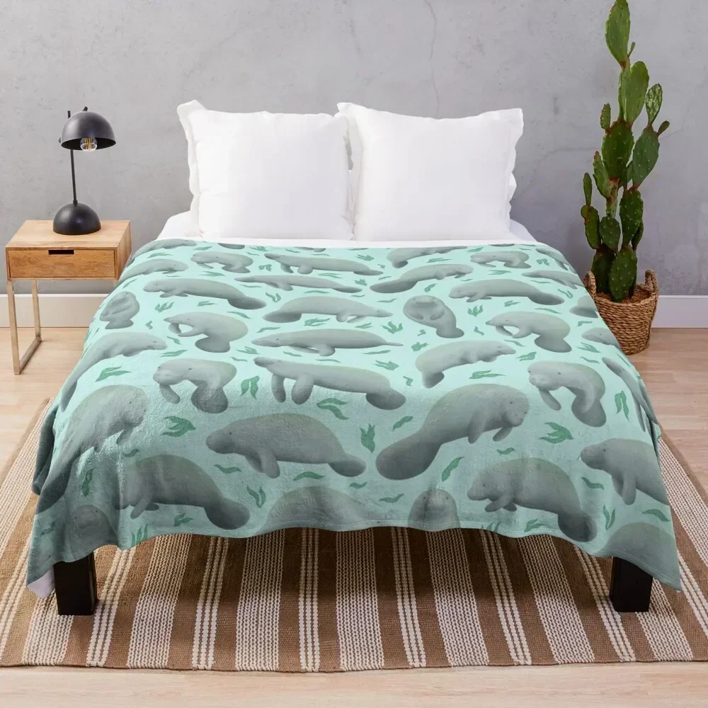 manatees (blue) Throw Blanket Bed Travel Thermals For Travel For Decorative Sofa Blankets