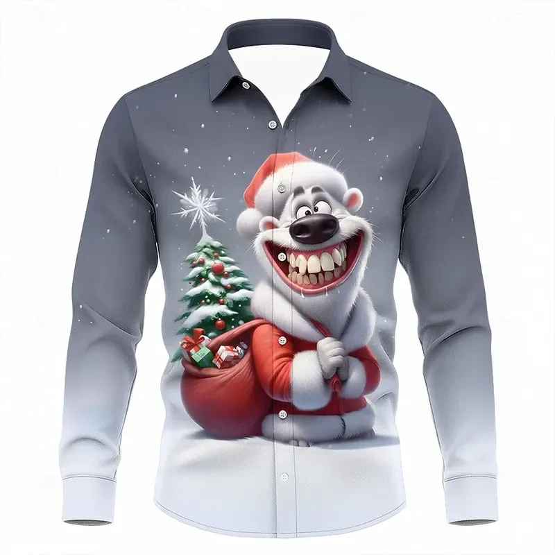 Camisa de manga larga con estampado de alces navideños de dibujos animados para hombre, Top informal con solapa, camisas con patrón de Papá Noel en 3D, ropa de Navidad