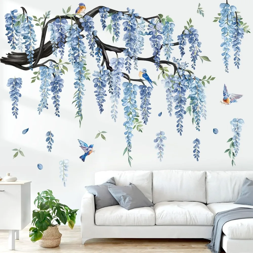 Große Blume Baum Zweig Wandaufkleber Blau Hängende Rebe Blumen Wandtattoos Schlafzimmer Wohnzimmer Sofa TV Hintergrund Wanddekoration