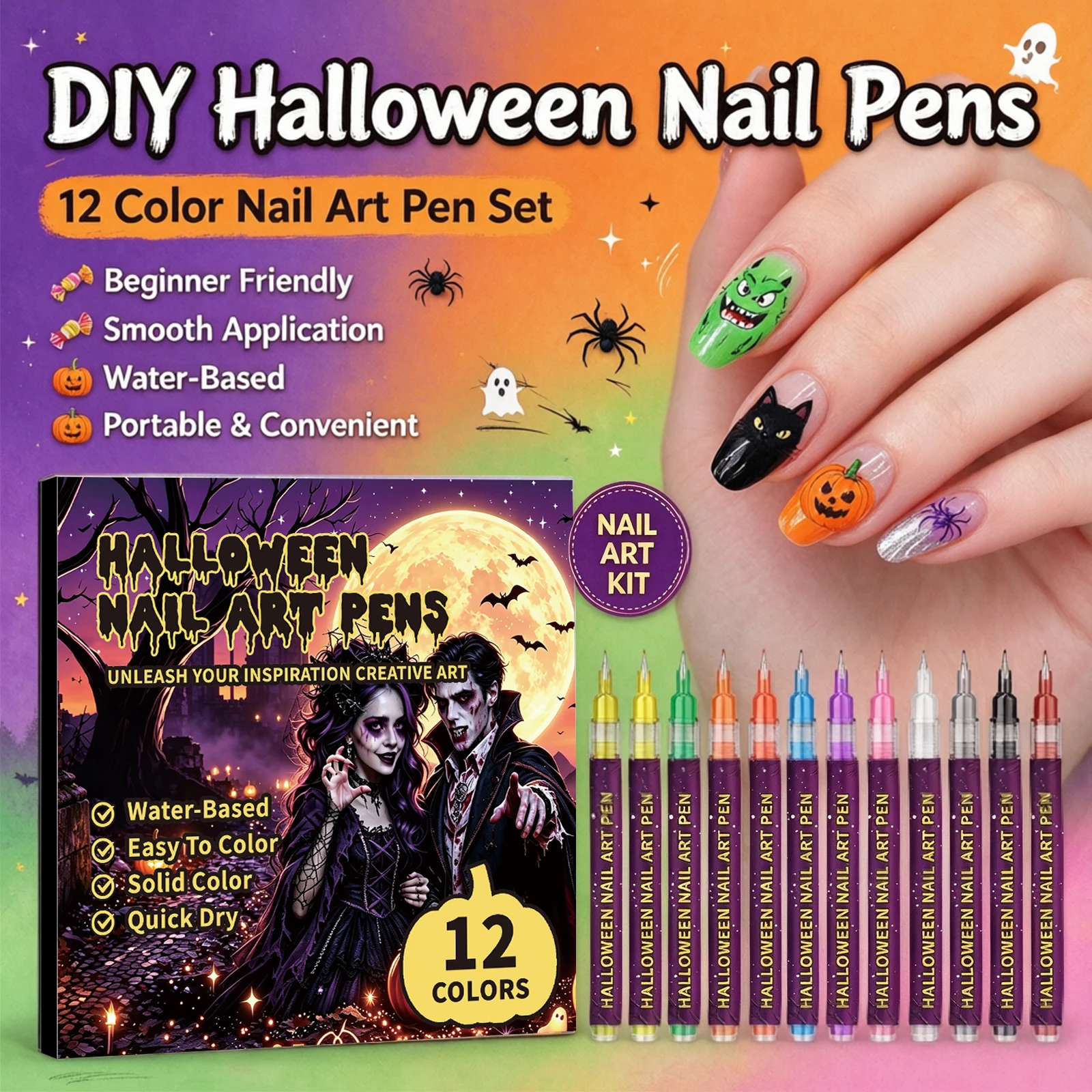 Halloween Nail Art Pen Quick Dry Water‑based Nail Drawing Pen DIY Spooky Pattern Manicure Pen for Halloween Party Nail Decor