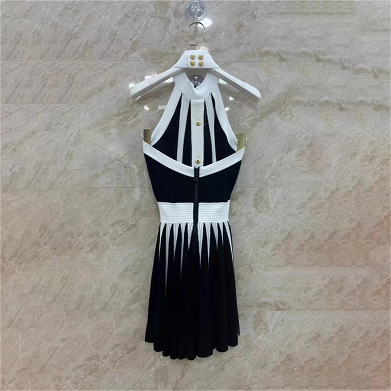 y2k High Quality Women\'s Halter NeckBackless Knitted Dress Summer New Fashion High Street Striped Metal Button A-Line Mini Skirt