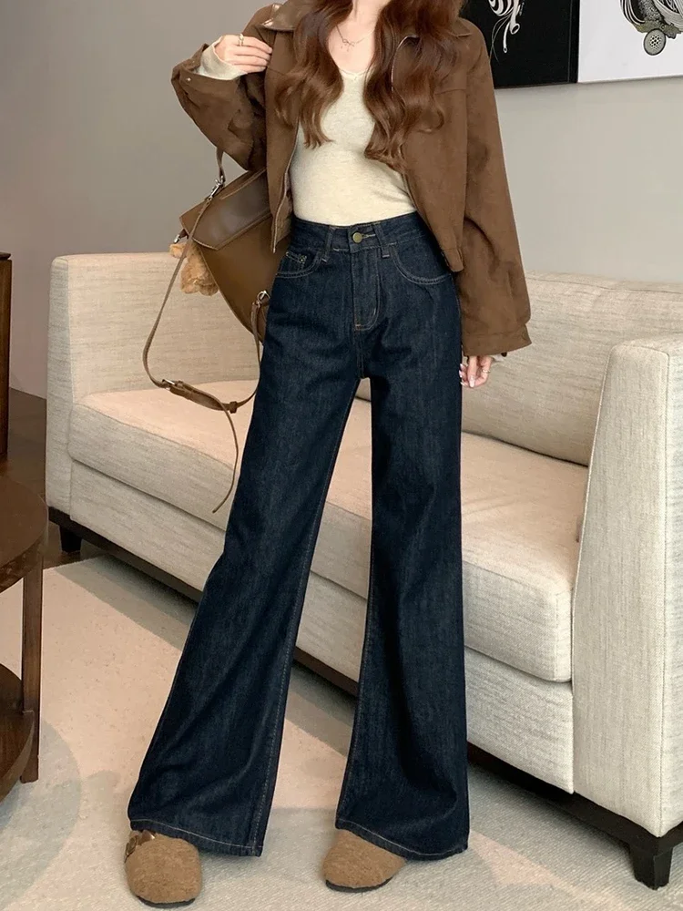 夏新アメリカンレトロ女性ジーンズシンプルなベーシックダークブルー Chicly パンツ女性のファッションストリートカジュアルハイウエスト女性ジーンズ