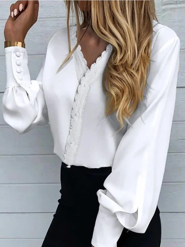 2023 White Elegant Blouse For Women Casual Long Sleeve Top Shirts Print Lace V-neck Loose Office Lady Fashion Blouse Tops Women