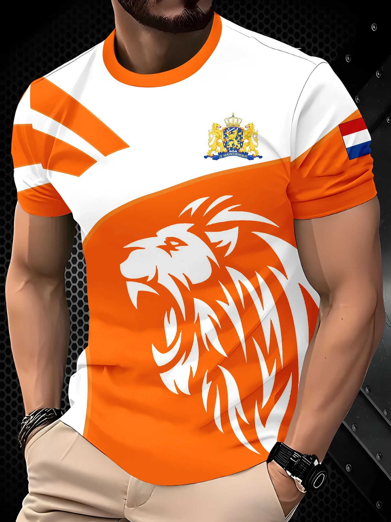White Base Large Orange Block White Lion Graphic Diagonal Geometric Strip Emblem Sleeve Patch Sport Graphic Men Short Sleeve Tee