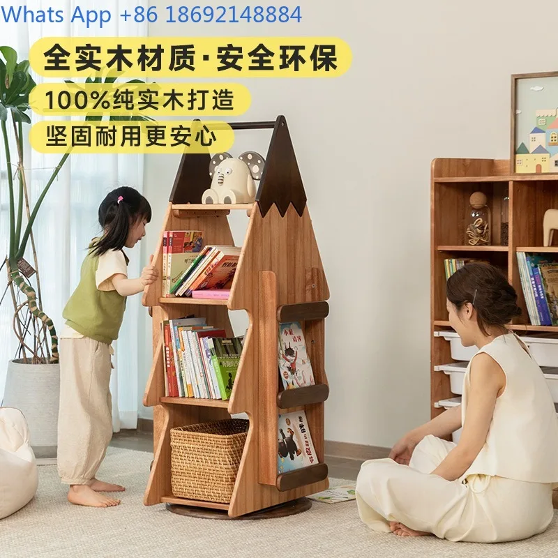 Scaffale girevole a 360 gradi Scaffale per libri illustrati in legno massello Area lettura Libreria Organizzatore di stoccaggio da pavimento per uso domestico