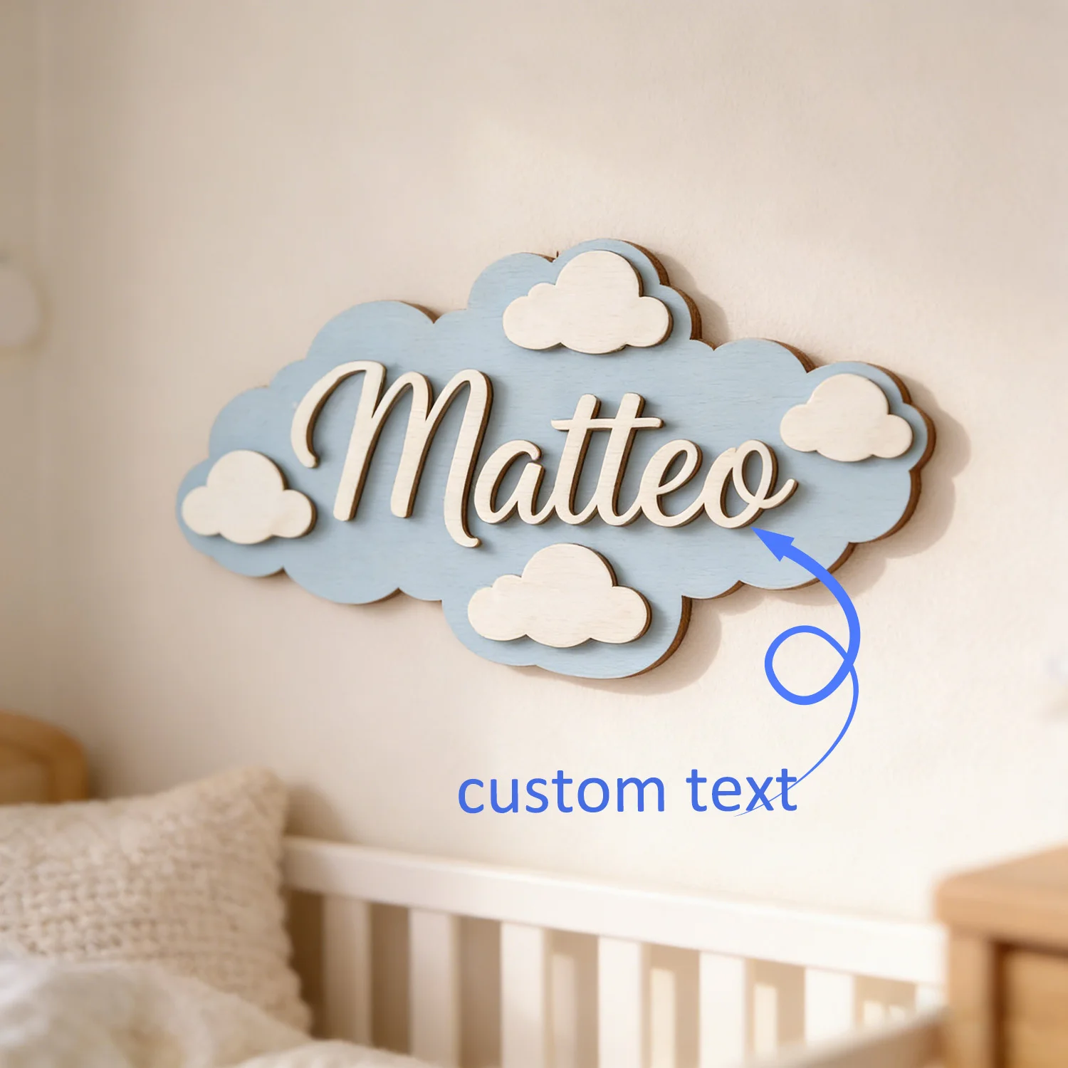 1pc Custom Cloud Shape Wooden Name Sign with Small Cloud Decor Personalized Cursive Text Wall Door Home Decor Gift