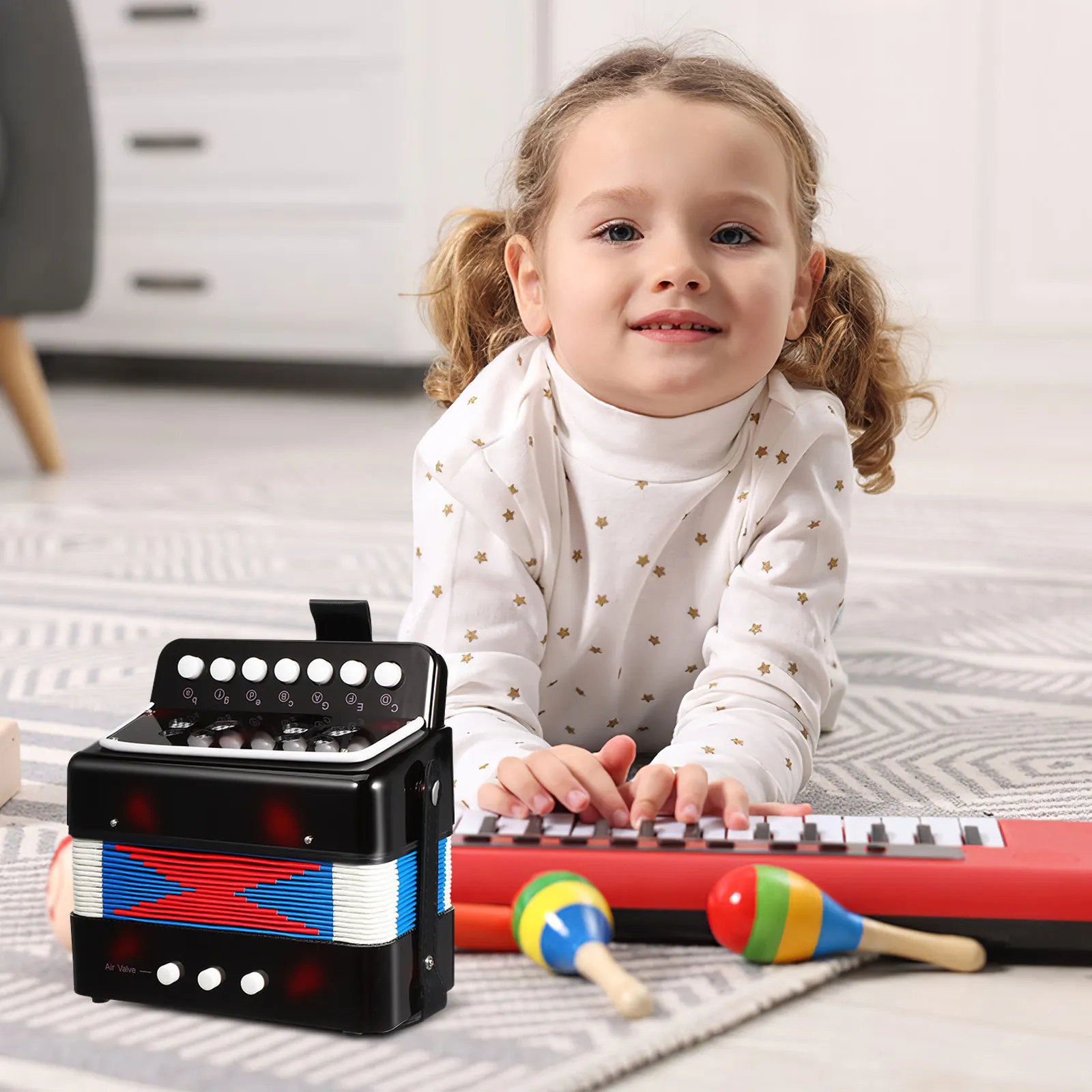 

Мини-аккордеон с 10 кнопками, легкий музыкальный инструмент, портативный, с воздушным клапаном, прочная конструкция, подарок на день рождения