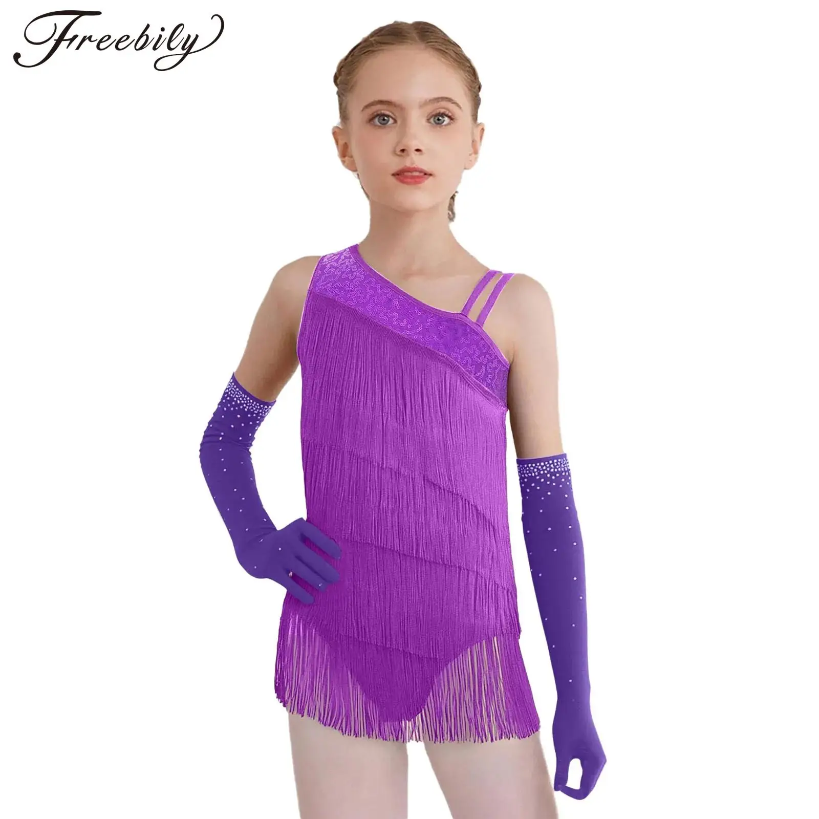 Traje de baile de Jazz latino para niñas, patinaje artístico, salón de baile, Cha-cha, Tango, Samba, Rumba, vestido de leotardo con borlas, guantes de malla, Ropa de baile