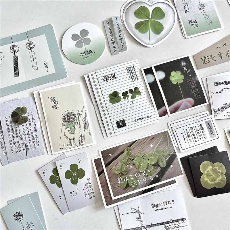 42Pcs INS Japanese Retro Early Style Lucky Four-leaf Clover Sticker Scrapbook Journal Planner DIY Deco Phone Case Luggage Decals