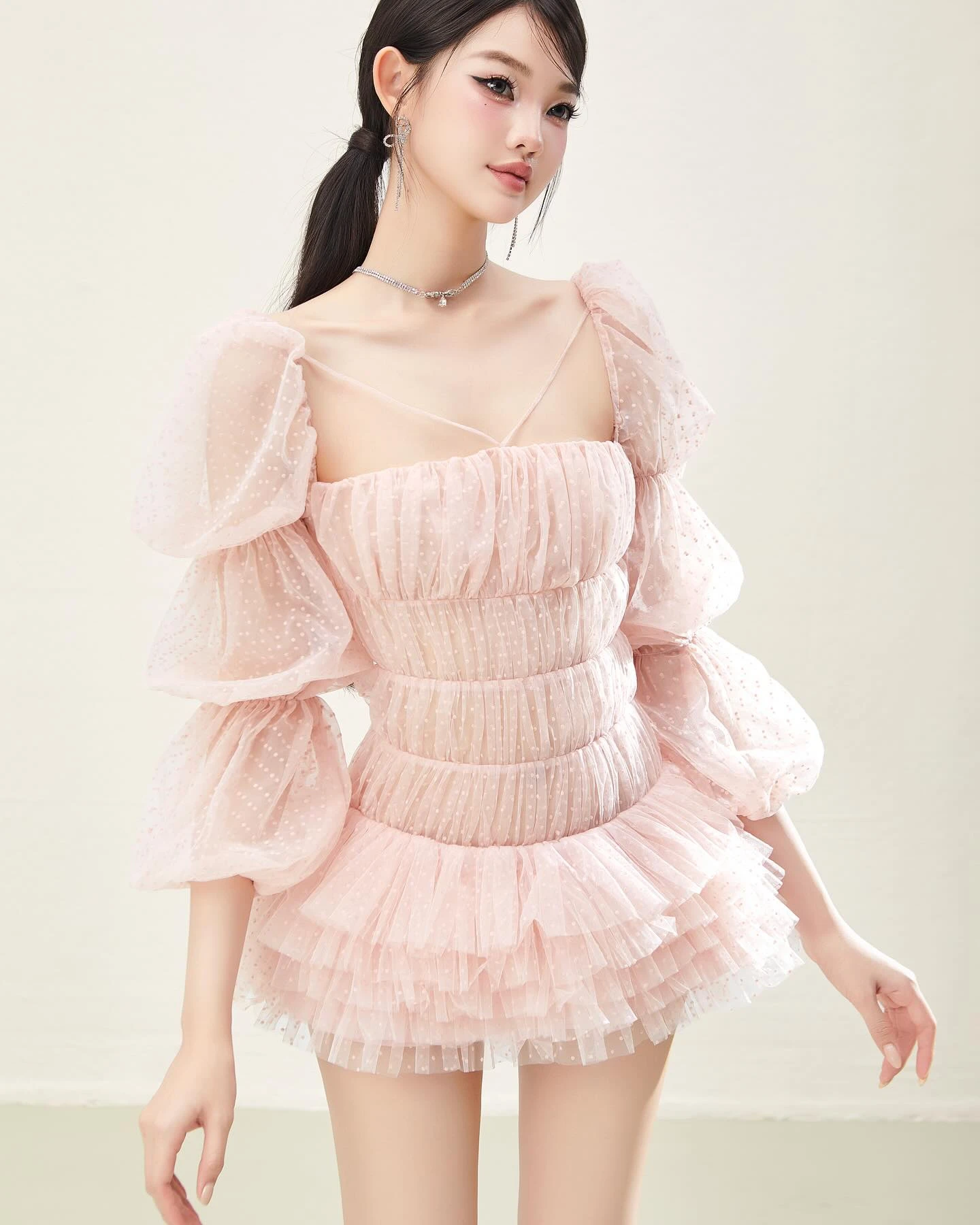 Women’s Blush Pink Mini Dress with Puffy Sleeves Off‑Shoulder Polka Dot Tulle Romantic Summer Party Dress Girls Homecoming Dress