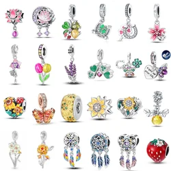 New 925 Silver Gold Sunflower Lucky Grass Guardian Lotus Charm Pendant Fit  Original Bracelet Luxury Party DIY Jewelry